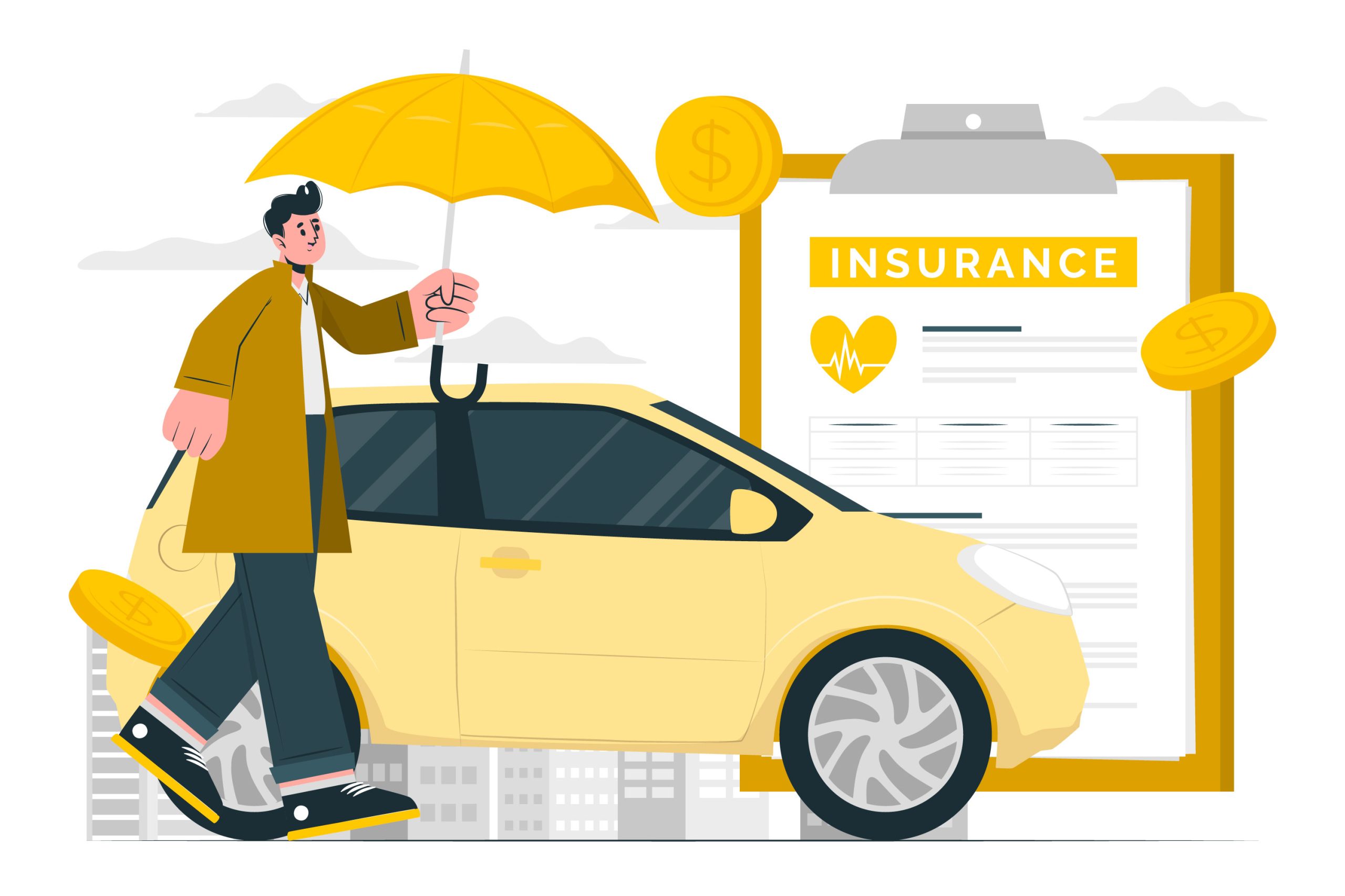 Illustration of man holding umbrella, walking by his yellow car